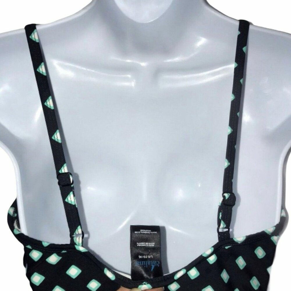 Catalina One Piece Swimsuit Womens L 12 14 Black Aqua Geometric Diamond Summer - Picture 7 of 9
